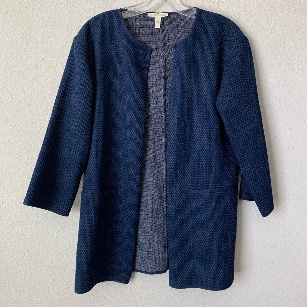 Eileen Fisher Navy Blue Textured Oversized Blazer large Pockets  SZ Large NWOT